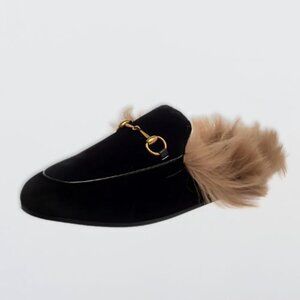 Gucci Princetown Horsebit Flat Mules Velvet Lamb Fur Lined Black Women's EU 36